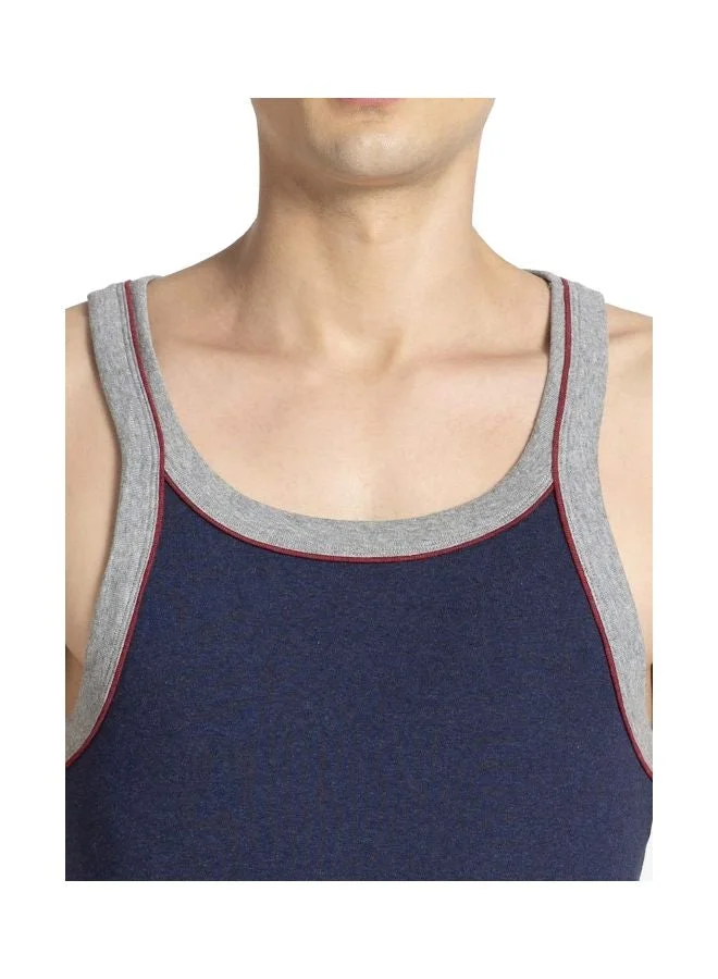 Jockey Ink Blue Melange US54 Men Super Combed Cotton Rib Square Neckline Gym Vest with Back Panel Graphic Print Colours and Shoulder Strap for Men | Best Price UAE