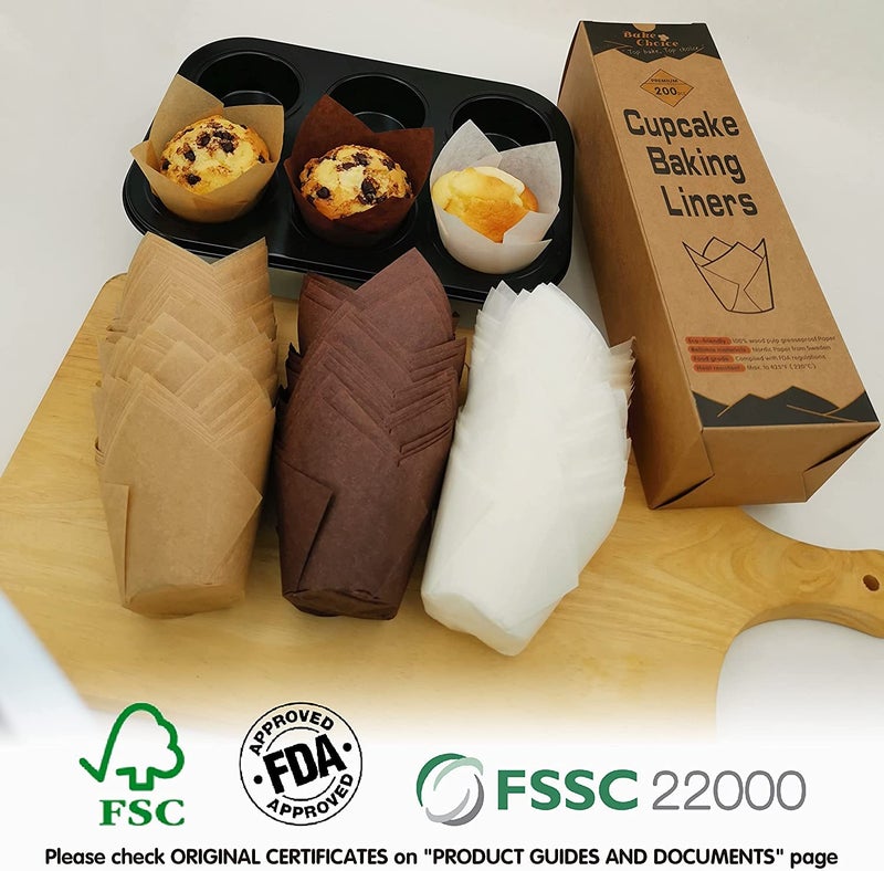 Bake Choice اختيار الخبز 200 قطعة من بطانات الكب كيك الطبيعية على شكل توليب للأكواب غير المبيضة من ورق البرشمان الأوروبي، بطانات مافن توليب، غلاف الكب كيك للحفلات، عيد الميلاد - Image 4