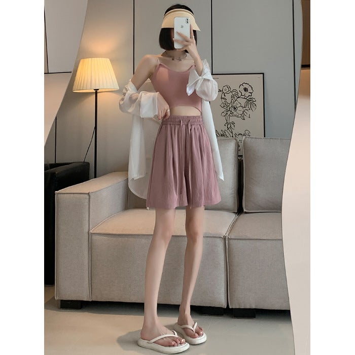 Ice Silk Dipped Shorts Girls Summer Thin Loose-Fit Waist Plus Size Straight Cool Straight Simple Wide-Leg Pants - Image 1
