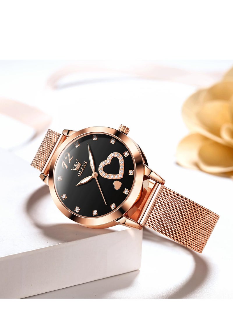 أوليفز ساعة OLEVS النسائية، ساعة معصم صغيرة باللون الذهبي الوردي والألماس اللطيف على شكل قلب وأرقام عربية للنساء، ساعة رسمية عصرية مقاومة للماء بسوار شبكي تناظري - Image 2
