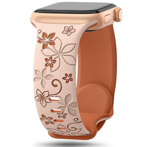 SuperNaNa Floral Engraved Bands Compatible with Apple Watch Band 41mm 40mm 44mm 45mm 42mm 38mm 46mm 49mm for WomenCute Flower iWatch Bands Soft Silicone Sport Strap for iWatch Series SE 10 9 8 7 6 5 4 3 2 1 - Image 1