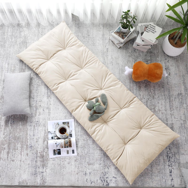 HOMBYS Floor Lounger Pillow Foldable and Tufted Design Long Floor Cushion for Yoga Reading Sleeping Meditation Elastic Band for Roll Up and Easy Storage Machine Washable Beige 74x27