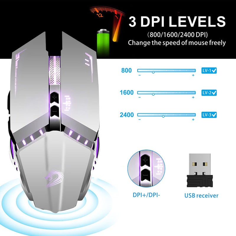 TENMOS T12 Wireless Gaming Mouse Rechargeable, 2.4G Silent Optical Wireless Computer Mice with Changeable LED Light for Laptop PC, 7 Buttons, 3 Adjustable DPI (Silver) - Image 3