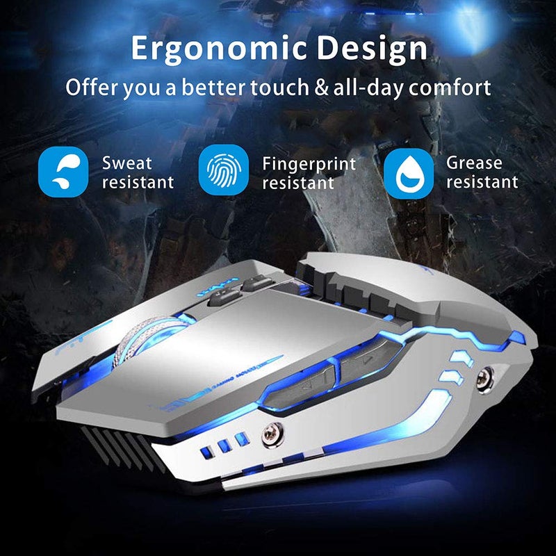 TENMOS T12 Wireless Gaming Mouse Rechargeable, 2.4G Silent Optical Wireless Computer Mice with Changeable LED Light for Laptop PC, 7 Buttons, 3 Adjustable DPI (Silver) - Image 2