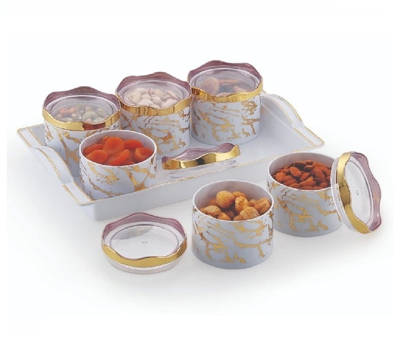 Moltres - Sun Ceramic_6 Multipurpose Serving Set (6 Air Tight Bowls with Tray Set) Dry Fruit, Chocolate, Mouth Freshener Container with Serving Tray Set (Plastic, White) - Image 1