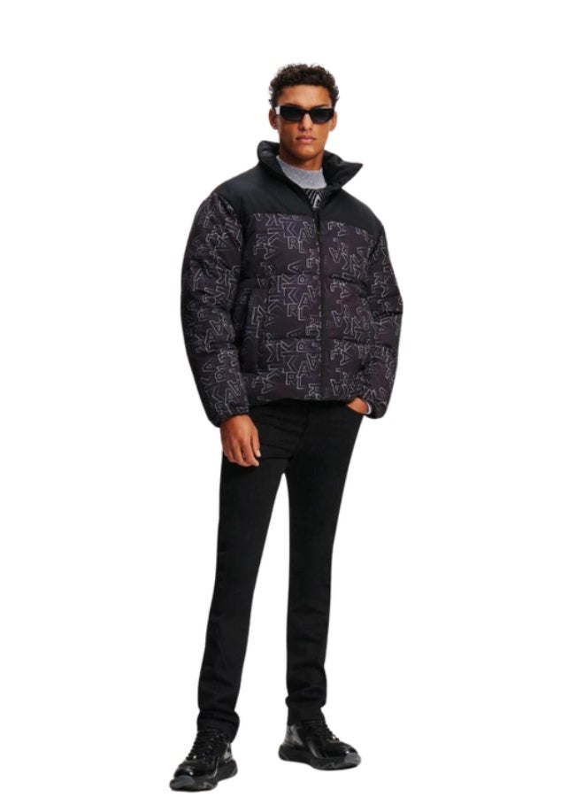 كارل لاغرفيلد جاكيت بافر شتوي أسود | تصميم عصري بطبعة مونوغرام كاملة | مبطن ودافئ ببطانة ناعمة | ياقة مرتفعة وسوستة أمامية | مناسب للشتاء والاستخدام اليومي - Image 1