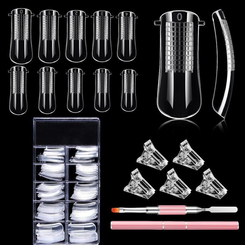 EBANKU 100 PCS Clear Nail Extension Form Tips Dual Nail Mold Full Cover UV Polygel Gel Tools Acrylic Nail System Forms Set with Black DualEnded Polygel Brush Picker 5Pcs Nail Tips Clip Pink