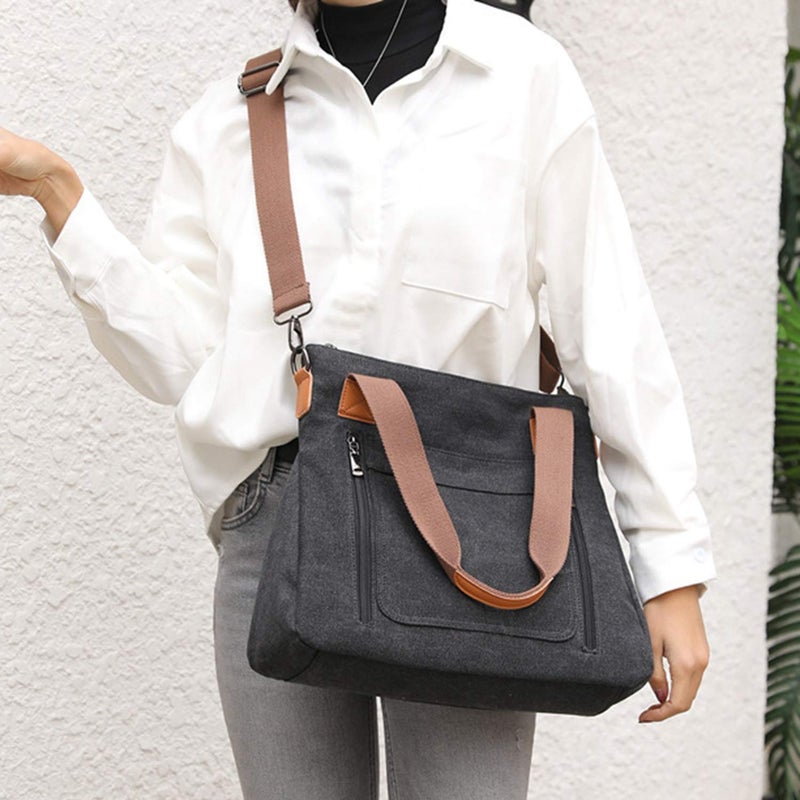 Sunshinejing Women's Canvas Tote Handbags Vintage Casual Shoulder Work Bag Crossbody Purses (Black) One Size - Image 4