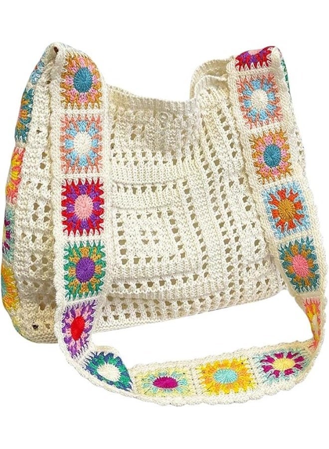 Bukela Knitted Crochet Handbag for Women, Stylish Hollow Out Design, Casual & Outdoor Travel Bag, Beige - Image 1