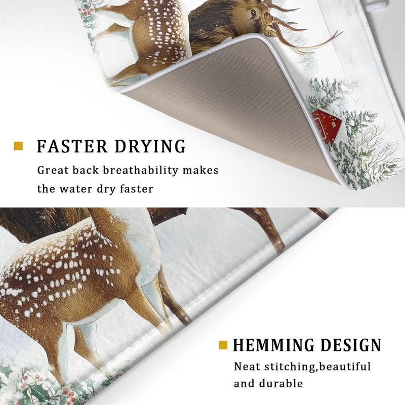 Giwawa Winter Deer Dish Drying Mat 18"x24" Xmas Tree Bird Holly Berry Dish Drainer Mats Elk Moose Snow Cottage Farmhouse Reversible Large Dish Drying Pad Protector for Kitchen Countertop Decor - Image 3