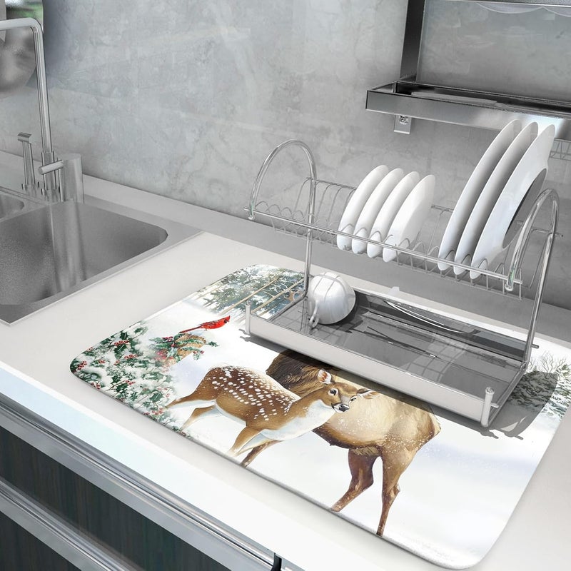 Giwawa Winter Deer Dish Drying Mat 18"x24" Xmas Tree Bird Holly Berry Dish Drainer Mats Elk Moose Snow Cottage Farmhouse Reversible Large Dish Drying Pad Protector for Kitchen Countertop Decor - Image 5