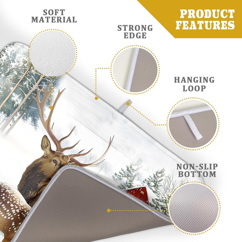 Giwawa Winter Deer Dish Drying Mat 18"x24" Xmas Tree Bird Holly Berry Dish Drainer Mats Elk Moose Snow Cottage Farmhouse Reversible Large Dish Drying Pad Protector for Kitchen Countertop Decor - Image 4