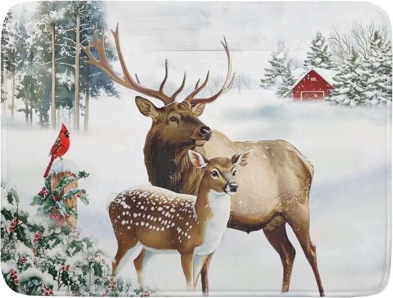 Giwawa Winter Deer Dish Drying Mat 18"x24" Xmas Tree Bird Holly Berry Dish Drainer Mats Elk Moose Snow Cottage Farmhouse Reversible Large Dish Drying Pad Protector for Kitchen Countertop Decor - Image 1
