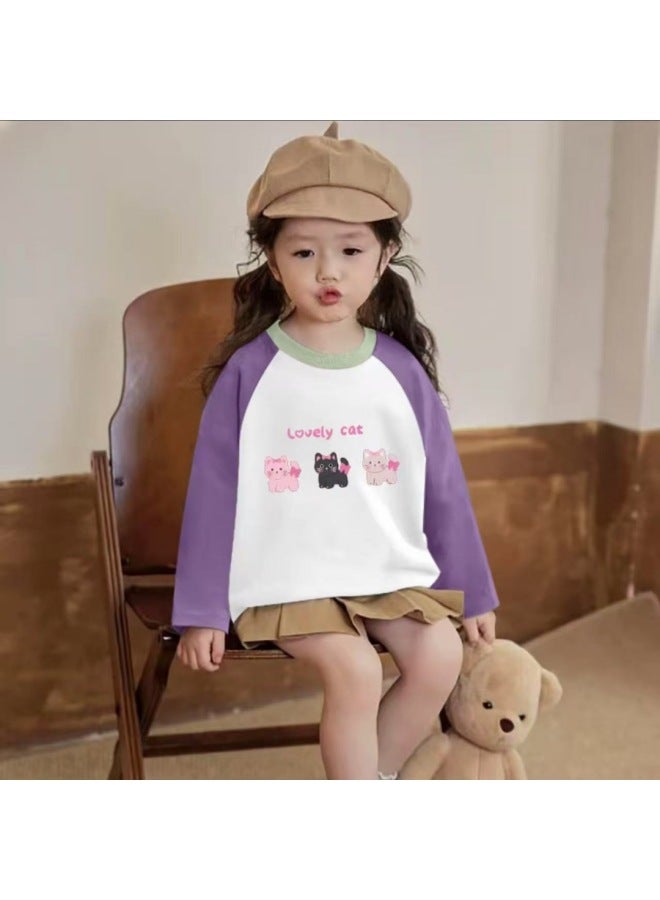 Girls' Pure Cotton T-shirt, Trendy New Style, Children's Spring And Autumn Baby Versatile Long Sleeved Bottom Splicing Top, Autumn Outfit