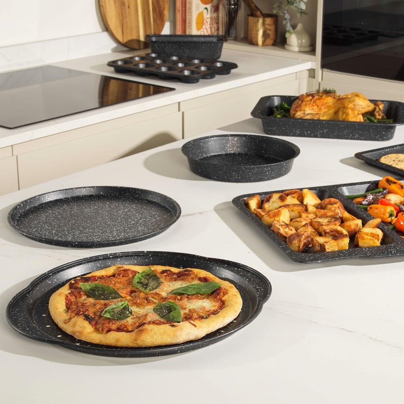 Salter BW10690EU7 Megastone Collection Carbon Steel Round Baking Tray with Non-Stick Coating, Easy to Clean, Oven Safe, PFOA Free, 29 cm, Silver/Black Practical design alternatives - Image 5