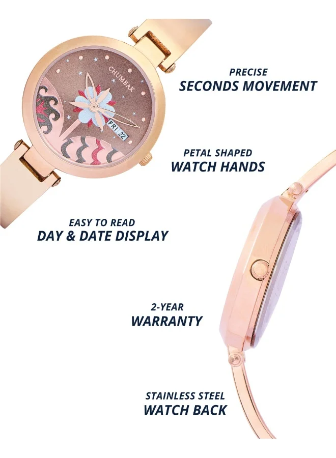 Chumbak Bloom Metal Watch, Rosegold with Brown Dial