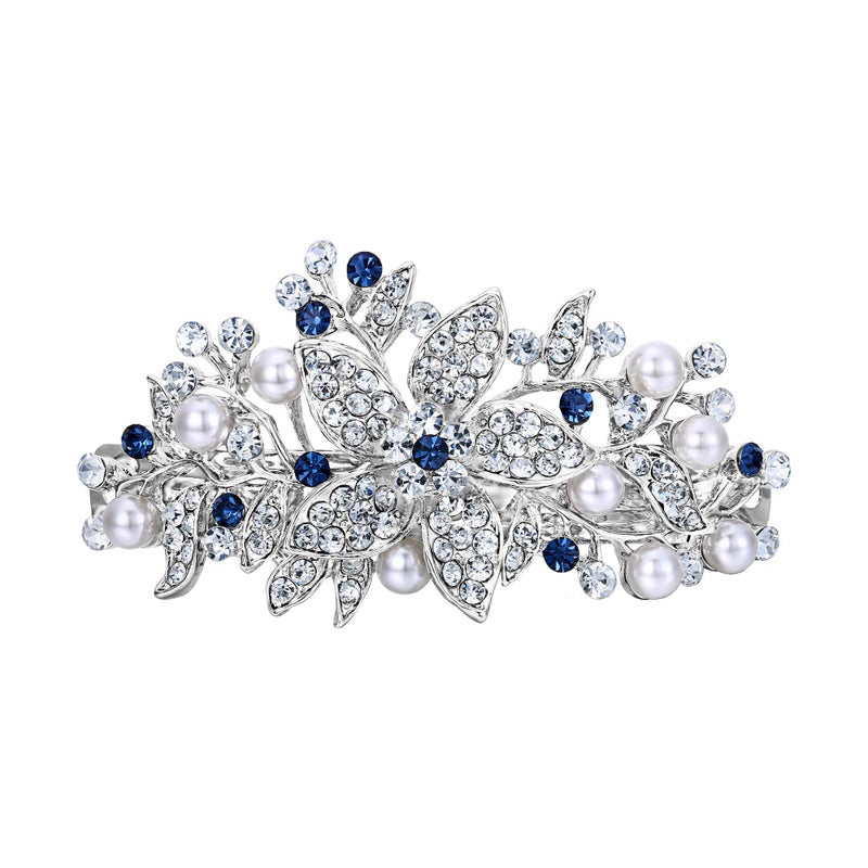 EVER FAITH Austrian Crystal Bridal Hibiscus Cream Simulated Pearl Hair Clip Barrette Blue SilverTone