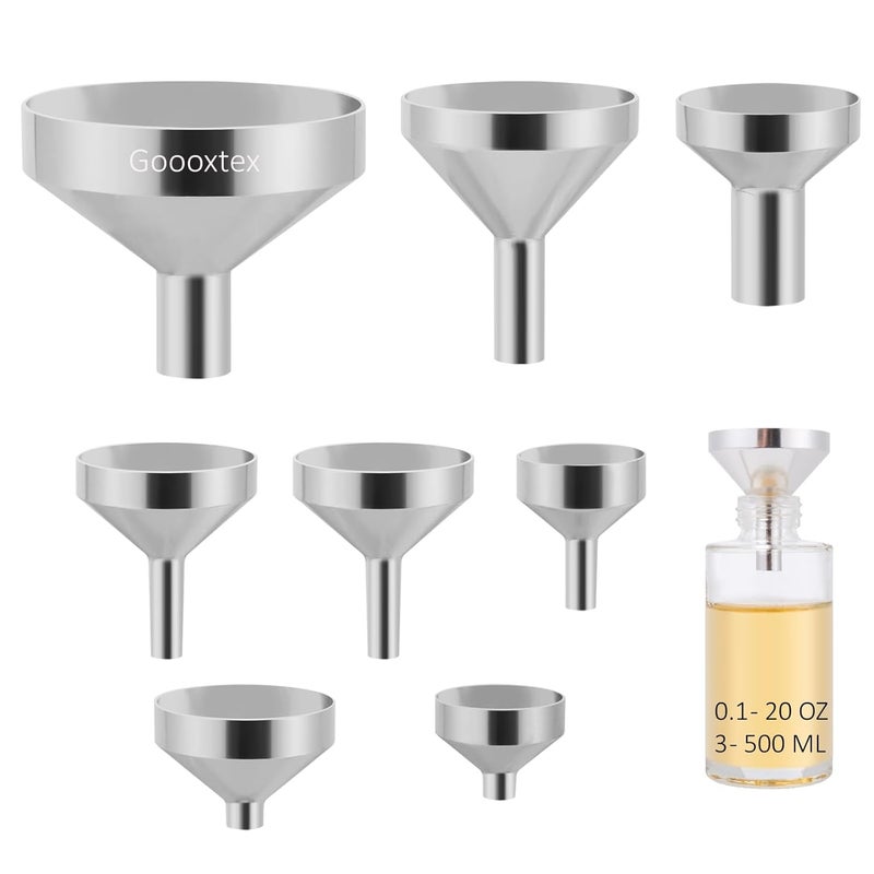 Goooxtex Small Metal Funnels Mini Funnel 8 Size Tiny Bottle Funnel, Miniature Atomizers, Flask, Perfume, Essential Oil, Powder, Micro Pet Capsule, Spice Jar - Image 1