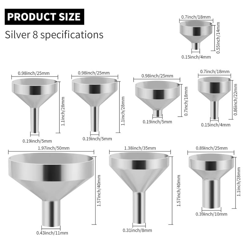 Goooxtex Small Metal Funnels Mini Funnel 8 Size Tiny Bottle Funnel, Miniature Atomizers, Flask, Perfume, Essential Oil, Powder, Micro Pet Capsule, Spice Jar - Image 2