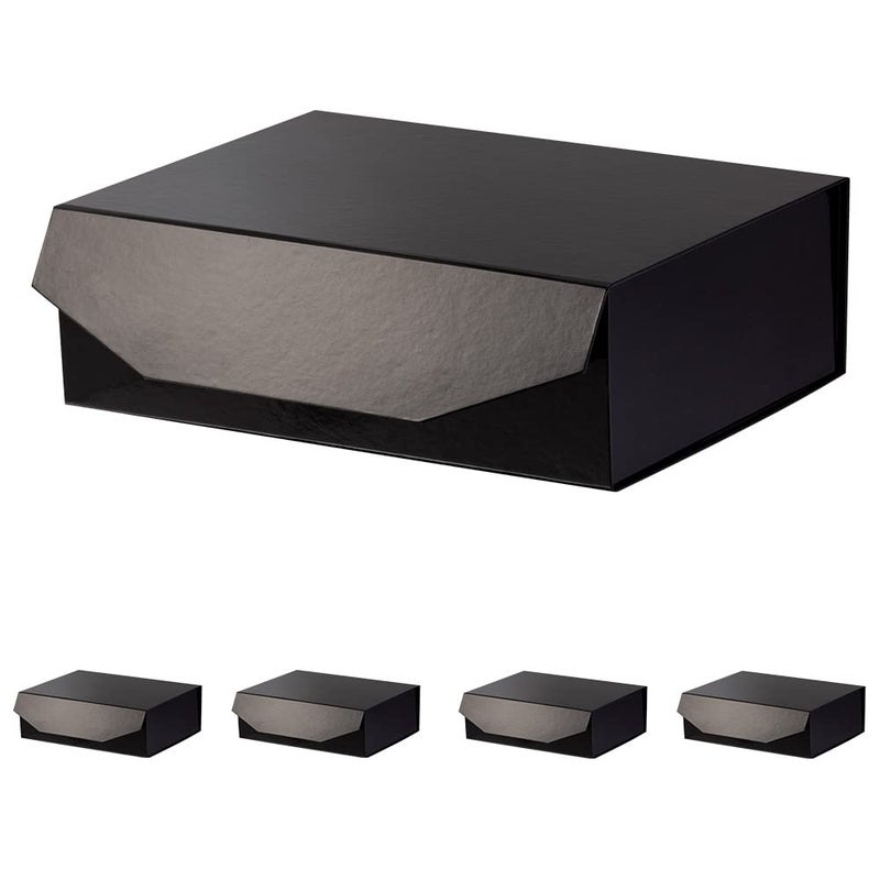 PACKGILO 5 Black Large Gift Boxes with Lid 13x9x4 Inches Bridesmaid Proposal Boxes Hard Collapsible Gift Box with Magnetic Closure Groomsman Box Reusable Gift Boxes for Clothes Glossy Black