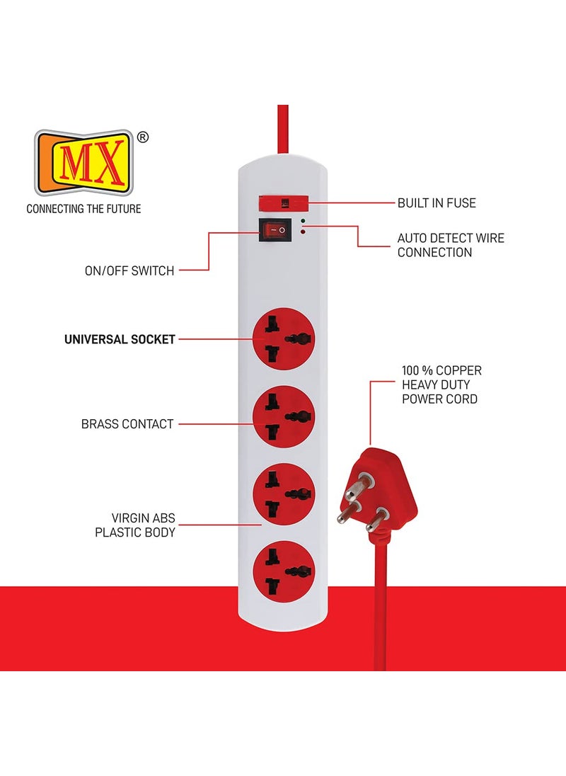 MX MX 4 Way Outlet Power Strip with Universal Socket Master Switch Fuse LED Indicator Spike Guard Extension Board Auto detect Wire Connection 5 Meter  - Image 3