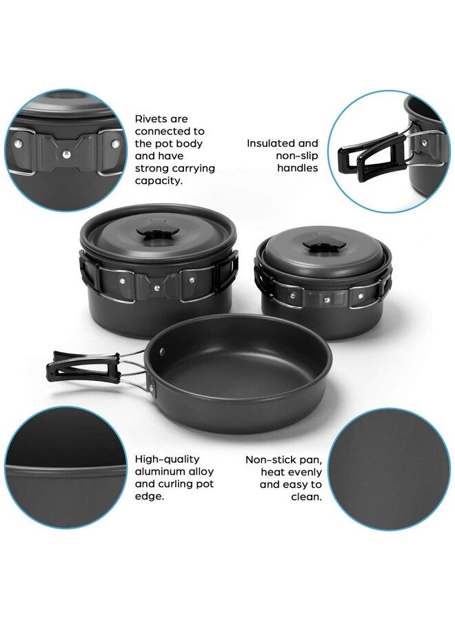 15 Piece Camping Cookware Mess Kit, Nonstick Lightweight Pot Set with Stainless Steel Cup, Plate, Fork, Knife and Spoon for Camping, Backpacking, Outdoor Cooking and Picnics (Black) - Image 3