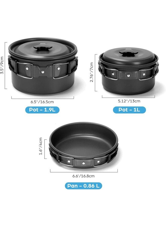 15 Piece Camping Cookware Mess Kit, Nonstick Lightweight Pot Set with Stainless Steel Cup, Plate, Fork, Knife and Spoon for Camping, Backpacking, Outdoor Cooking and Picnics (Black) - Image 2