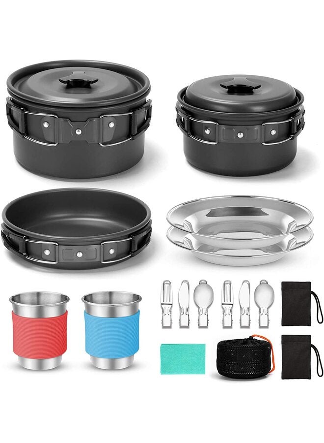 15 Piece Camping Cookware Mess Kit, Nonstick Lightweight Pot Set with Stainless Steel Cup, Plate, Fork, Knife and Spoon for Camping, Backpacking, Outdoor Cooking and Picnics (Black) - Image 1