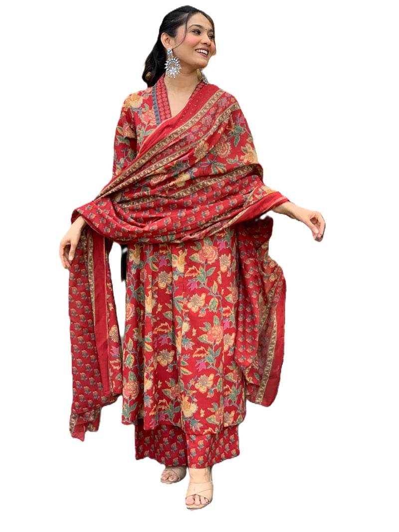 Arayna Women's Pure Cotton Block Printed Kurta Set with Palazzo Pants & Dupatta - Ethnic Wear, Red, X-Large - Image 1