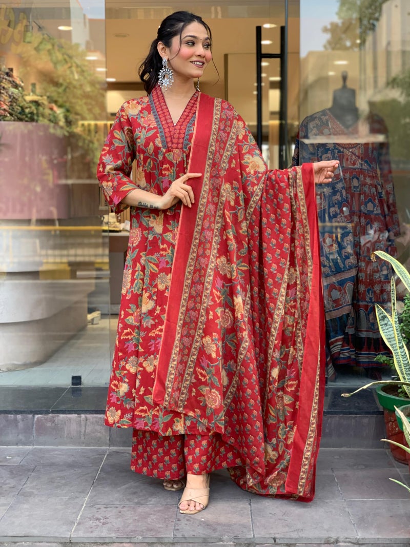 Arayna Women's Pure Cotton Block Printed Kurta Set with Palazzo Pants & Dupatta - Ethnic Wear, Red, X-Large - Image 3