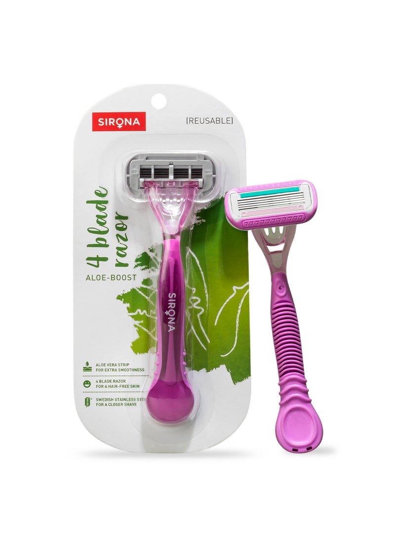 سيرونا ماكينة حلاقة سيرونا 4 شفرات قابلة لإعادة الاستخدام لإزالة الشعر للنساء - قطعة واحدة | مع خلاصة الصبار لتنعيم الذراعين والساقين والإبطين وخط البيكيني | ماكينة حلاقة نسائية - Image 1