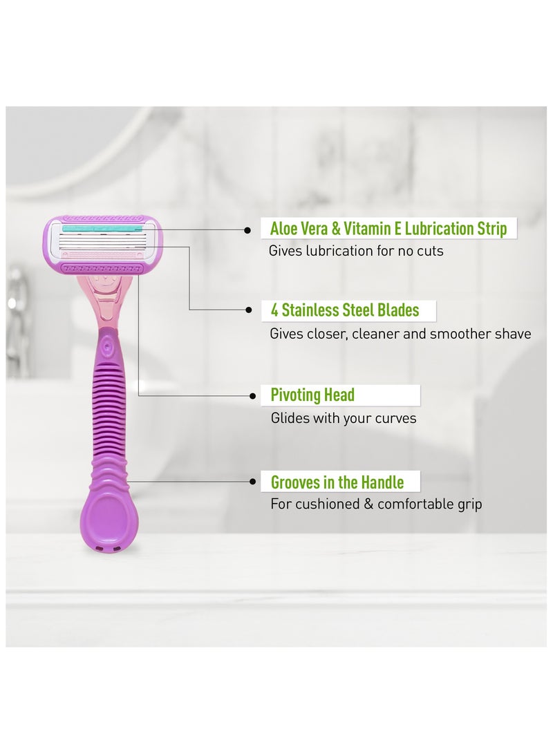 سيرونا ماكينة حلاقة سيرونا 4 شفرات قابلة لإعادة الاستخدام لإزالة الشعر للنساء - قطعة واحدة | مع خلاصة الصبار لتنعيم الذراعين والساقين والإبطين وخط البيكيني | ماكينة حلاقة نسائية - Image 3