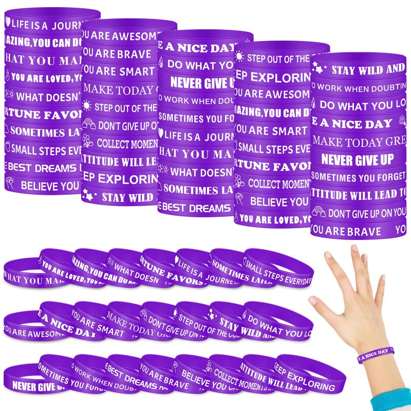Luinabio Purple Party Favor 50 Pcs Motivational Quote Bracelets Bulk Inspirational Silicone Rubber Wristbands Stretch Silicone Wristbands Gifts Thank You Gifts for Teacher Staff Adult Men Women - Image 1