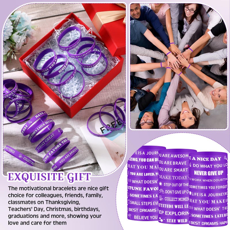 Luinabio Purple Party Favor 50 Pcs Motivational Quote Bracelets Bulk Inspirational Silicone Rubber Wristbands Stretch Silicone Wristbands Gifts Thank You Gifts for Teacher Staff Adult Men Women - Image 4
