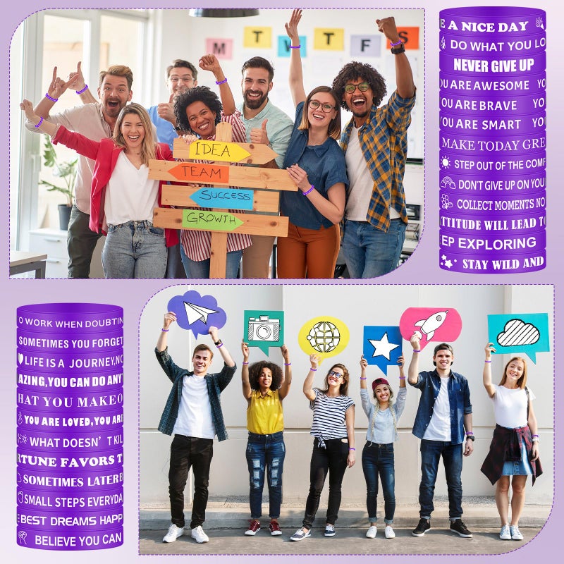 Luinabio Purple Party Favor 50 Pcs Motivational Quote Bracelets Bulk Inspirational Silicone Rubber Wristbands Stretch Silicone Wristbands Gifts Thank You Gifts for Teacher Staff Adult Men Women - Image 5