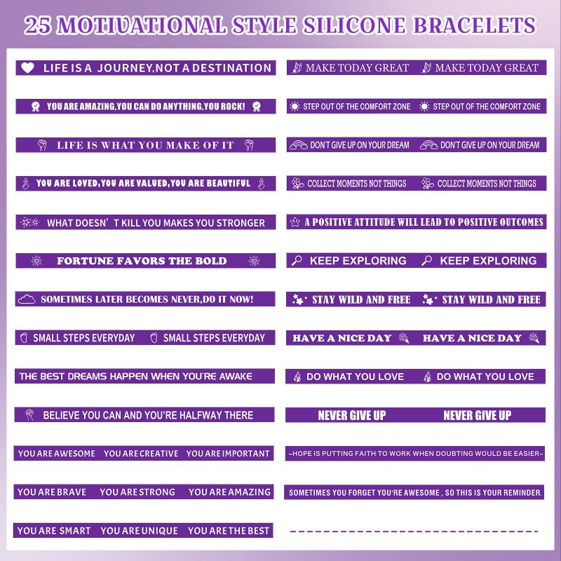 Luinabio Purple Party Favor 50 Pcs Motivational Quote Bracelets Bulk Inspirational Silicone Rubber Wristbands Stretch Silicone Wristbands Gifts Thank You Gifts for Teacher Staff Adult Men Women - Image 3