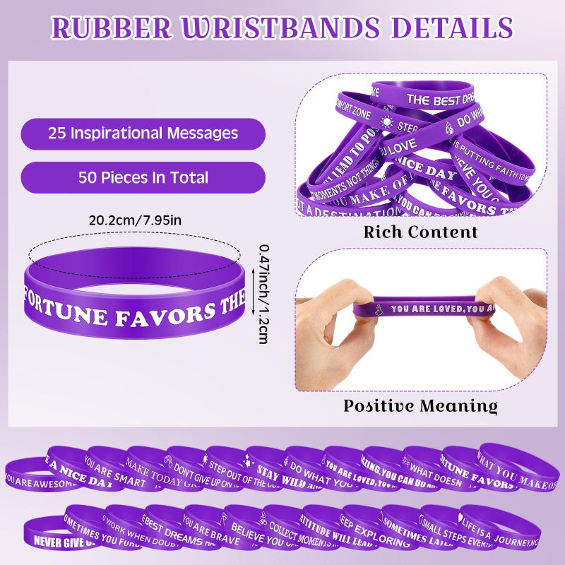 Luinabio Purple Party Favor 50 Pcs Motivational Quote Bracelets Bulk Inspirational Silicone Rubber Wristbands Stretch Silicone Wristbands Gifts Thank You Gifts for Teacher Staff Adult Men Women - Image 2