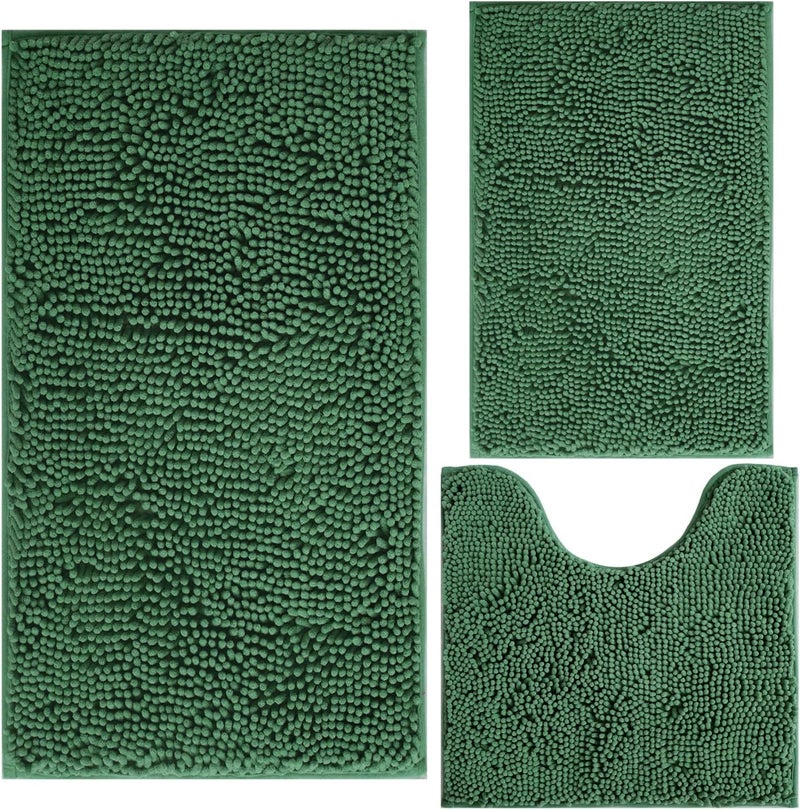 BOANKODU Bathroom Rugs Luxury Chenille 3-Piece Extra Soft and Absorbent Shag Bathroom Rugs, Machine Wash Mat, Strong PVC Non-Slip Underside, Plush Carpet Mats (Dark Green) - Image 1