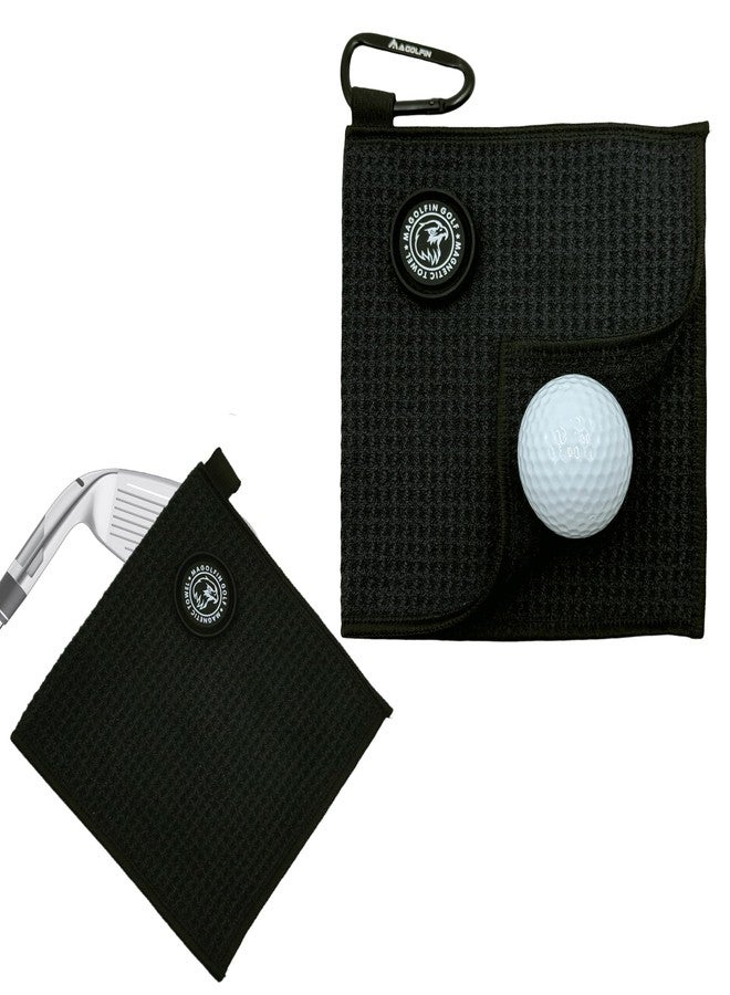MAGOLFIN Small Magnetic Golf Towel with Clip, Microfiber Waffle Design - Industrial Strength Magnet for Glof Balls, Golf Bags, Carts Clubs - Black - Image 1
