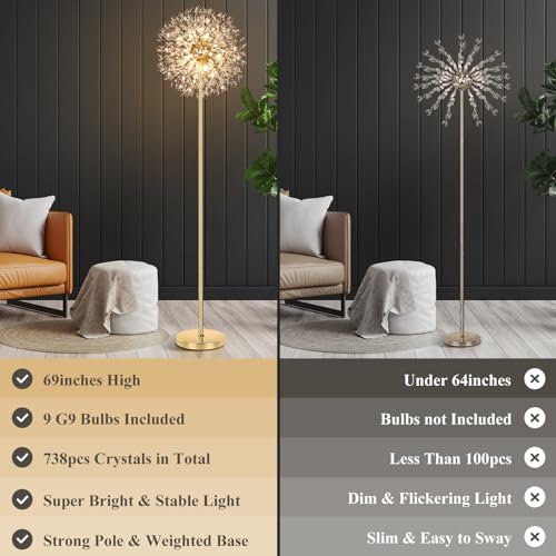 BesLowe 69'' Crystal Floor Lamp for Living Room, Modern Standing Lamp with 738PCS K9 Crystals, Tall Lamp Pole Light for Bedroom Office, Mid Century Gold Floor Lighting with 9 LED Bulbs, Antique Brass - Image 2