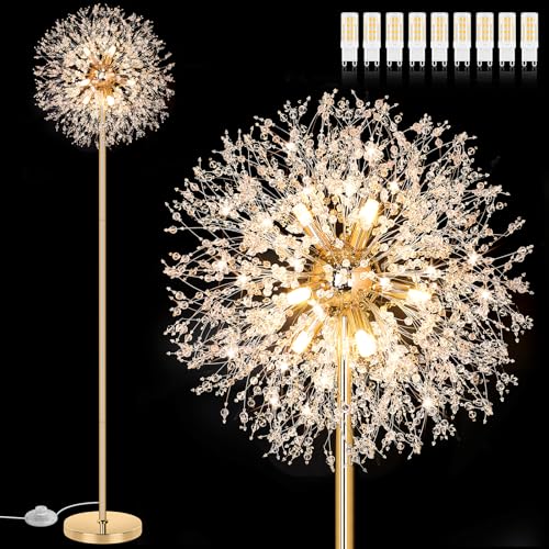 BesLowe 69'' Crystal Floor Lamp for Living Room, Modern Standing Lamp with 738PCS K9 Crystals, Tall Lamp Pole Light for Bedroom Office, Mid Century Gold Floor Lighting with 9 LED Bulbs, Antique Brass - Image 1