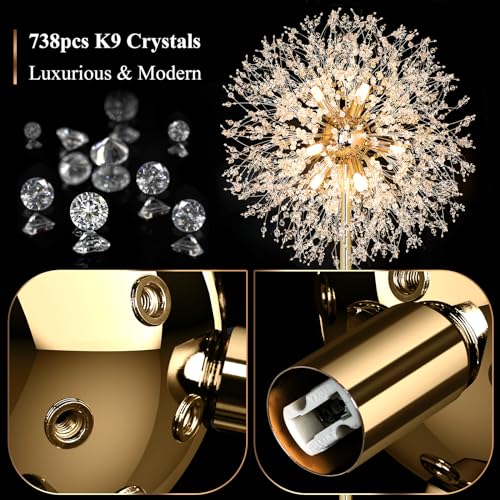 BesLowe 69'' Crystal Floor Lamp for Living Room, Modern Standing Lamp with 738PCS K9 Crystals, Tall Lamp Pole Light for Bedroom Office, Mid Century Gold Floor Lighting with 9 LED Bulbs, Antique Brass - Image 3