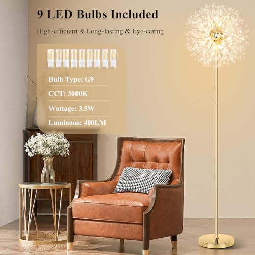BesLowe 69'' Crystal Floor Lamp for Living Room, Modern Standing Lamp with 738PCS K9 Crystals, Tall Lamp Pole Light for Bedroom Office, Mid Century Gold Floor Lighting with 9 LED Bulbs, Antique Brass - Image 4