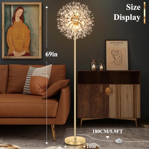 BesLowe 69'' Crystal Floor Lamp for Living Room, Modern Standing Lamp with 738PCS K9 Crystals, Tall Lamp Pole Light for Bedroom Office, Mid Century Gold Floor Lighting with 9 LED Bulbs, Antique Brass - Image 5