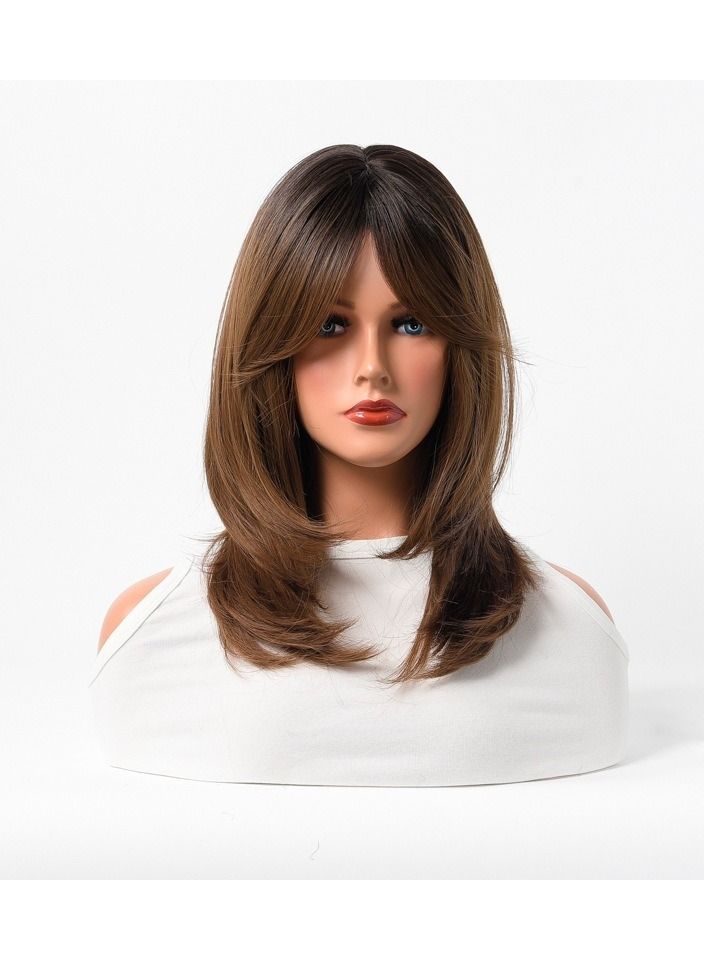إستيل شعر مستعار كامل للباروكة الاصطناعية مقاومة للحرارة شعر مستعار طبيعي طويل مستقيم مع الانفجارات سيدة الألياف شعر مستعار بني غامق - Image 1