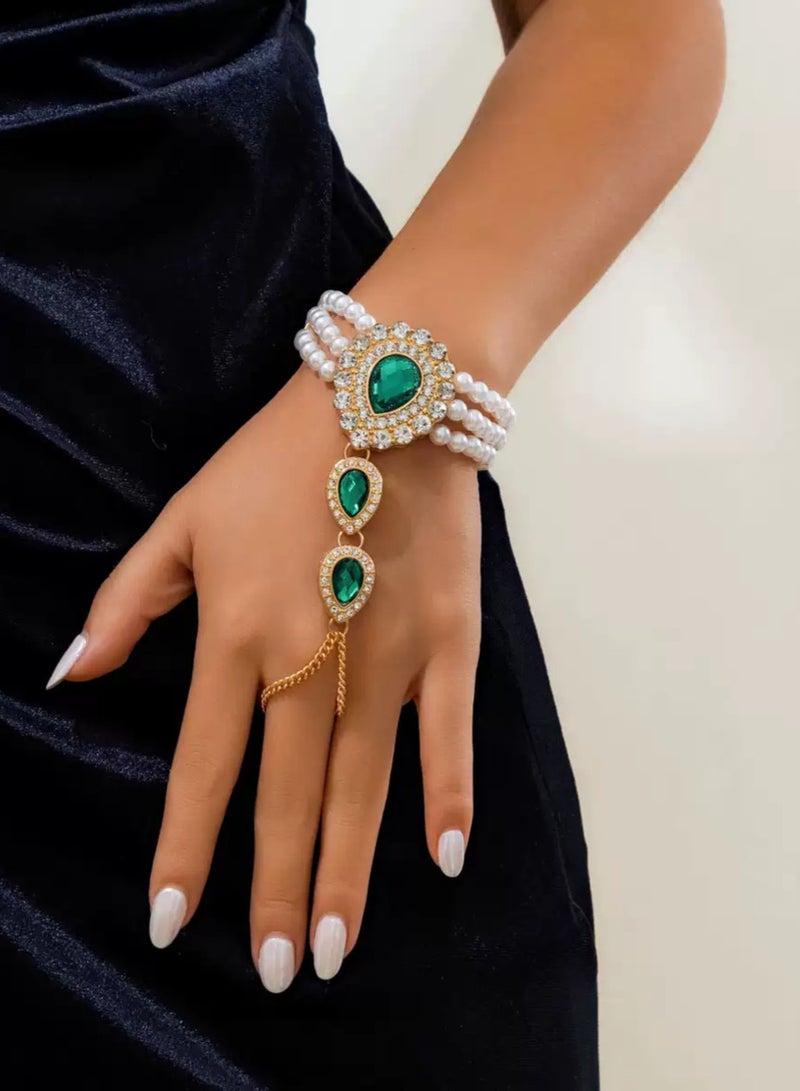 Vintage Gold-Green Diamond-Encrusted Pearl Teardrop Bracelet  - Image 1