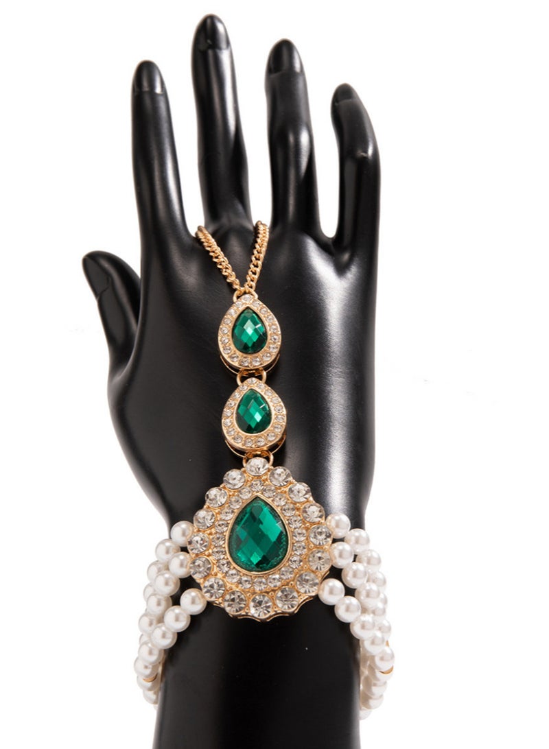 Vintage Gold-Green Diamond-Encrusted Pearl Teardrop Bracelet  - Image 2