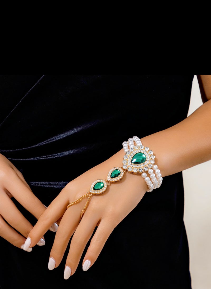Vintage Gold-Green Diamond-Encrusted Pearl Teardrop Bracelet  - Image 3
