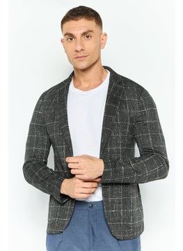 EMPORIO ARMANI Men Regular Fit Window Pane Pattern Formal Blazer, Charcoal  - Image 1