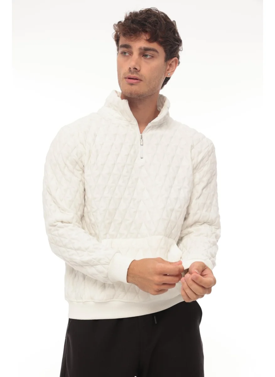 Miron White Quilted Detailed Half Zipper Regular Fit Sweatshirt - 2326